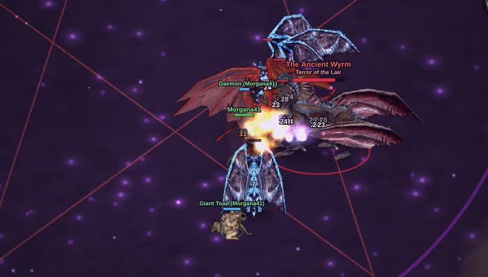 Players fighting a dragon on the pentagram